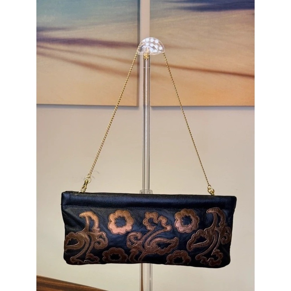 Great American Leatherworks Vintage Style Leather Clutch Gold Chain Black NWT